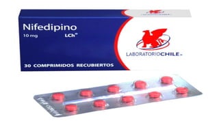 FARMACOS UTILIZADOS
NIFEDIPINO
Cada CÁPSULA contiene:
Nifedipino.......................................................................... 10 mg
INDICACIONES TERAPÉUTICAS:
En angina vasospástica: NIFEDIPINO está indicado en el manejo cuando se ha confirmado alguno de los siguientes
criterios: 1) cuadro clásico de angina con elevación del segmento ST, 2) espasmo arterial coronario o angina provocada
por ergonovina o demostrada angiográficamente con espasmo de la arteria coronaria.
Angina estable crónica: Ha sido efectiva en controlar o reducir la angina y aumentar la tolerancia al ejercicio, es eficaz
en combinación con betabloqueadores.
 