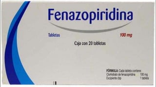 FENASOPIRIDINA
FORMA FARMACÉUTICA Y FORMULACIÓN:
Cada TABLETA contiene:
Clorhidrato de fenazopiridina.......................................... 100 mg
Excipiente, c.b.p. 1 tableta.
INDICACIONES TERAPÉUTICAS:
Está indicado como acidificante antiséptico y analgésico auxiliar en el tratamiento de las
infecciones de vías urinarias como: pielitis, uretritis, pielonefritis y uretrotrigonitis. También se
utiliza como profiláctico en el pre y posoperatorio y en exámenes urológicos instrumentales.
CONTRAINDICACIONES:
 