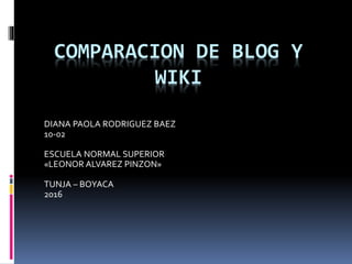 COMPARACION DE BLOG Y
WIKI
DIANA PAOLA RODRIGUEZ BAEZ
10-02
ESCUELA NORMAL SUPERIOR
«LEONOR ALVAREZ PINZON»
TUNJA – BOYACA
2016
 