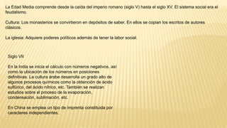 La Edad Media comprende desde la caída del imperio romano (siglo V) hasta el siglo XV. El sistema social era el
feudalismo.
Cultura: Los monasterios se convirtieron en depósitos de saber. En ellos se copian los escritos de autores
clásicos.
La iglesia: Adquiere poderes políticos además de tener la labor social.
Siglo VII
En la India se inicia el cálculo con números negativos, así
como la ubicación de los números en posiciones
definitivas. La cultura árabe desarrolla un grado alto de
algunos procesos químicos como la obtención de ácido
sulfúrico, del ácido nítrico, etc. También se realizan
estudios sobre el proceso de la evaporación,
condensación, sublimación, etc.
En China se emplea un tipo de imprenta constituida por
caracteres independientes.
 