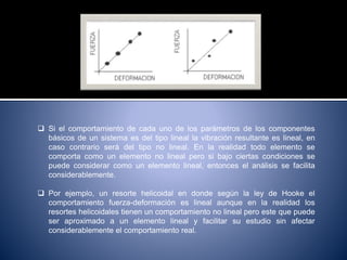  Si el comportamiento de cada uno de los parámetros de los componentes
básicos de un sistema es del tipo lineal la vibración resultante es lineal, en
caso contrario será del tipo no lineal. En la realidad todo elemento se
comporta como un elemento no lineal pero si bajo ciertas condiciones se
puede considerar como un elemento lineal, entonces el análisis se facilita
considerablemente.
 Por ejemplo, un resorte helicoidal en donde según la ley de Hooke el
comportamiento fuerza-deformación es lineal aunque en la realidad los
resortes helicoidales tienen un comportamiento no lineal pero este que puede
ser aproximado a un elemento lineal y facilitar su estudio sin afectar
considerablemente el comportamiento real.
 