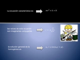 La ecuación característica es 𝑚𝑟2 + 𝑘 = 0
las raíces de esta ecuación
son imaginarias conjugadas
𝑟 = ±
𝑘
𝑚
𝑖
la solución general de la
homogénea es
𝑥ℎ = 𝑎 sin(𝑤 𝑛 𝑡 + 𝜑).
 