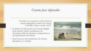 Cuarta fase: depresión
El mundo corre rozando las cuerdas del moroso
corazón componiendo la música de la tristeza.
TAGORE, Pájaros errantes, XLIV
• Se define con frecuencia con el enojo dirigido
hacia adentro incluye sentimientos de
desamparo, falta de esperanza e impotencia; es
una perturbación del ánimo.
• Intervienen en ella sentimientos de tristeza
decepción y/o soledad.
 