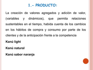 1.- PRODUCTO:
La creación de valores agregados y adición de valor,
(variables y dinámicos), que permita relaciones
sustentables en el tiempo, habida cuenta de los cambios
en los hábitos de compra y consumo por parte de los
clientes y de la anticipación frente a la competencia
Kanú light
Kanú natural
Kanú sabor naranja
 