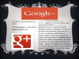 Google+ es la red social de Google.
Google+ integra los servicios sociales, tales
como Google Perfiles y Google Buz, e
introduce los nuevos servicios Círculos,
Quedadas, Intereses y Mensajes. Google+ es
una red social que permite interactuar con
personas y empresas clasificándolas en
círculos según el criterio que se quiera. Se
pueden crear tantos círculos y nombrarlos como se
quiera(no son visibles para los demás). Si se tiene
una cuenta de Gmail por defecto se genera la de
Google+ . Google+ es la plataforma que integra en
un solo perfil todas sus cuentas en los productos de
Google (Google Calendar, Google Drive, Google
Maps. Traslator, YouTube, Blogger, etc.)
Nº de usuarios: +343 millones
Tipo de red: Social
Google+ se lanzó en junio de
2011.
 