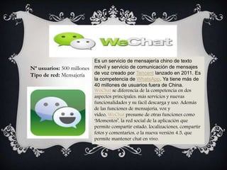 Es un servicio de mensajería chino de texto
móvil y servicio de comunicación de mensajes
de voz creado por Tencent lanzado en 2011. Es
la competencia de WhatsApp. Ya tiene más de
40 millones de usuarios fuera de China.
WeChat se diferencia de la competencia en dos
aspectos principales: más servicios y nuevas
funcionalidades y su fácil descarga y uso. Además
de las funciones de mensajería, voz y
vídeo, WeChat presume de otras funciones como
‘Momentos’, la red social de la aplicación que
permite compartir estado, localizaciones, compartir
fotos y comentarios, o la nueva versión 4.5, que
permite mantener chat en vivo.
Nª usuarios: 500 millones
Tipo de red: Mensajería
 