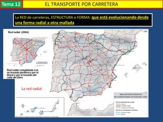 La RED de carreteras, ESTRUCTURA o FORMA: que está evolucionando desde
una forma radial a otra mallada
La red radial
Transporte
EL TRANSPORTE POR CARRETERATema 12
 