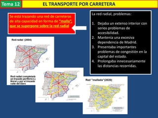 Transporte
Se está trazando una red de carreteras
de alta capacidad en forma de “malla”,
que se superpone sobre la red radial
La red radial, problemas:
1. Dejaba un extenso interior con
serios problemas de
accesibilidad.
2. Mantenía una excesiva
dependencia de Madrid.
3. Presentaba importantes
problemas de congestión en la
capital del estado.
4. Prolongaba innecesariamente
las distancias recorridas.
EL TRANSPORTE POR CARRETERATema 12
 
