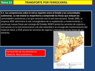 TRANSPORTE POR FERROCARRIL
4.1. Las competencias sobre la red se reparten entre el Estado y las comunidades
autónomas. La red estatal es mayoritaria y comprende las líneas que enlazan las
comunidades autónomas y las que conectan con la red internacional. Desde 2005, la
empresa ADIF administra la red, encargándose de su explotación y mantenimiento, y
construye nuevas líneas por encargo del Estado; RENFE presta los servicios de viajeros y
mercancías en la red convencional y de alta velocidad y se encarga del mantenimiento del
material móvil, y FEVE presta los servicios de viajeros y mercancías en las líneas de vía
estrecha.
Ferrocarriles de vía estrecha en
Cataluña. Red autonómica.
Tema 12
 