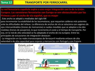 La red ferroviaria española aspira a una mejor integración con la de la Unión
Europea. Las conexiones ferroviarias con Europa se ven obstaculizadas por los
Pirineos y por el ancho de vía español, que es mayor
. Este ancho se adoptó a mediados del siglo XIX
para incrementar la estabilidad de las locomotoras, que requerían calderas más potentes
ante las dificultades del relieve. La diferencia de anchos de vía se soluciona con vagones de
ejes intercambiables (trenes de mercancías) o ruedas movibles que se adaptan a las dos
medidas (trenes de pasajeros), lo que incrementa el coste y el tiempo de transporte. Por
eso, en la red de alta velocidad se ha adoptado el ancho de vía europeo. Entre las
principales de actuaciones de integración destacan:
· La integración en las redes transeuropeas de ferrocarril mediante enlaces de alta
velocidad o de alta capacidad para viajeros y mercancías con Portugal y con Francia.
TRANSPORTE POR FERROCARRILTema 12
 