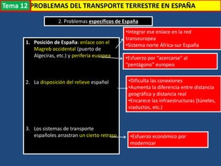 Transporte
2. Problemas específicos de España
1. Posición de España: enlace con el
Magreb occidental (puerto de
Algeciras, etc.) y periferia europea
2. La disposición del relieve español
3. Los sistemas de transporte
españoles arrastran un cierto retraso
•Integrar ese enlace en la red
transeuropea
•Sistema norte África-sur España
•Esfuerzo por “acercarse” al
“pentágono” europeo
•Dificulta las conexiones
•Aumenta la diferencia entre distancia
geográfica y distancia real
•Encarece las infraestructuras (túneles,
viaductos, etc.)
•Esfuerzo económico por
modernizar
PROBLEMAS DEL TRANSPORTE TERRESTRE EN ESPAÑATema 12
 
