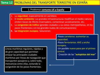 Transporte
1. La seguridad, especialmente en carretera
2. El medio ambiente: sus grandes infraestructuras modifican el medio natural,
emiten Gases de Efecto Invernadero, contaminan acústicamente, etc.
3. La congestión de tráfico (grandes ciudades y sus áreas metropolitanas, en los
pasos fronterizos y en los grandes nudos de comunicaciones)
4. La integración europea. Soluciones:
1. Problemas comunes UE y España
-Pasos carreteros: aumentar su
capacidad.
-Pasos ferroviarios: AVE y ancho
europeo.
-Un posible nuevo paso por el pirineo
central.
- Creación de las “autopistas del mar”
Líneas marítimas regulares, rápidas y
de gran capacidad que permitan
enlazar las principales ciudades
marítimas por líneas de navegación que
transporten pasajeros y, sobre todo,
mercancías entre ellas, evitando la
congestión de los pasos fronterizos.
PROBLEMAS DEL TRANSPORTE TERRESTRE EN ESPAÑATema 12
 