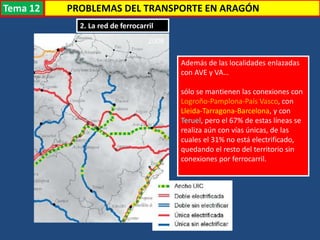 Transporte
2008
Además de las localidades enlazadas
con AVE y VA…
sólo se mantienen las conexiones con
Logroño-Pamplona-País Vasco, con
Lleida-Tarragona-Barcelona, y con
Teruel, pero el 67% de estas líneas se
realiza aún con vías únicas, de las
cuales el 31% no está electrificado,
quedando el resto del territorio sin
conexiones por ferrocarril.
2. La red de ferrocarril
PROBLEMAS DEL TRANSPORTE EN ARAGÓNTema 12
 