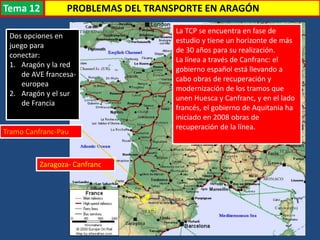 Transporte
Zaragoza- Canfranc
TCP
Tramo Canfranc-Pau
Dos opciones en
juego para
conectar:
1. Aragón y la red
de AVE francesa-
europea
2. Aragón y el sur
de Francia
La TCP se encuentra en fase de
estudio y tiene un horizonte de más
de 30 años para su realización.
La línea a través de Canfranc: el
gobierno español está llevando a
cabo obras de recuperación y
modernización de los tramos que
unen Huesca y Canfranc, y en el lado
francés, el gobierno de Aquitania ha
iniciado en 2008 obras de
recuperación de la línea.
PROBLEMAS DEL TRANSPORTE EN ARAGÓNTema 12
 
