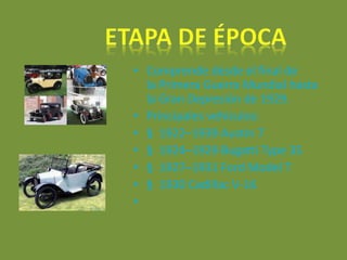 • Comprende desde el final de
la Primera Guerra Mundial hasta
la Gran Depresión de 1929.
• Principales vehículos:
• § 1922–1939 Austin 7
• § 1924–1929 Bugatti Type 35
• § 1927–1931 Ford Model T
• § 1930 Cadillac V-16
•
 