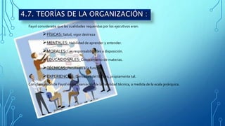 Fayol consideraba que las cualidades requeridas por los ejecutivos eran:
FÍSICAS: Salud, vigor destreza
MENTALES: Habilidad de aprender y entender.
MORALES: Las responsabilidades a disposición.
EDUCACIONALES: Conocimiento de materias.
TÉCNICAS: Peculiares a la función
EXPERIENCIAS: Derivadas del trabajo, propiamente tal.
Con clara visión de Fayol en la observación de la habilidad técnica, a medida de la ecala jerárquica.
4.7. TEORÍAS DE LA ORGANIZACIÓN :
 
