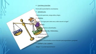 • CENTRALIZACIÓN:
Forma de la autoridad en una empresa.
• JERARQUÍA:
Cadena de superiores, rangos altos y bajos.
• ORDEN:
Adagio: “Un lugar para cada cosa y cada cosa en su lugar”.
• EQUIDAD:
Trato de superiores a subordinados.
• ESTABILIDAD DEL PERSONAL:
Seguridad buscada.
• INICIATIVA:
Superiores a subordinados a tomar decisión para argumentar y proponer.
• ESPÍRITU DE CUERPO:
Adagio: “ La unión hace la fuerza”.
 