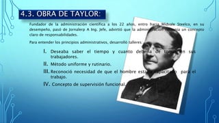 Fundador de la administración científica a los 22 años, entro hacia Midvale Steelco, en su
desempeño, pasó de Jornalerp A Ing. Jefe, advirtió que la administración no tenia un concepto
claro de responsabilidades.
Para entender los principios administrativos, desarrolló talleres:
I. Deseaba saber el tiempo y cuanto debería de tomar en sus
trabajadores.
II. Método uniforme y rutinario.
III.Reconoció necesidad de que el hombre estaría capacitado para el
trabajo.
IV. Concepto de supervisión funcional.
4.3. OBRA DE TAYLOR:
 