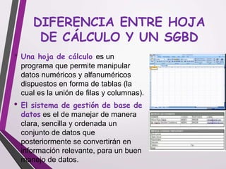DIFERENCIA ENTRE HOJA
DE CÁLCULO Y UN SGBD
• Una hoja de cálculo es un
programa que permite manipular
datos numéricos y alfanuméricos
dispuestos en forma de tablas (la
cual es la unión de filas y columnas).
• El sistema de gestión de base de
datos es el de manejar de manera
clara, sencilla y ordenada un
conjunto de datos que
posteriormente se convertirán en
información relevante, para un buen
manejo de datos.
 