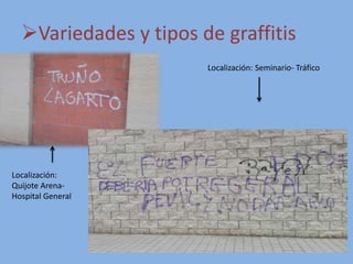 Variedades y tipos de graffitis
Localización: Seminario- Tráfico
Localización:
Quijote Arena-
Hospital General
 