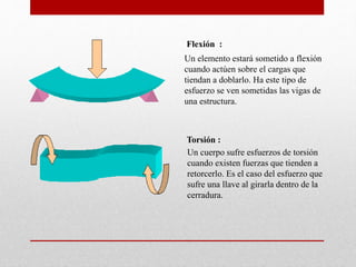 Flexión :
Un elemento estará sometido a flexión
cuando actúen sobre el cargas que
tiendan a doblarlo. Ha este tipo de
esfuerzo se ven sometidas las vigas de
una estructura.
Torsión :
Un cuerpo sufre esfuerzos de torsión
cuando existen fuerzas que tienden a
retorcerlo. Es el caso del esfuerzo que
sufre una llave al girarla dentro de la
cerradura.
 