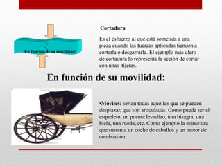 Cortadura
Es el esfuerzo al que está sometida a una
pieza cuando las fuerzas aplicadas tienden a
cortarla o desgarrarla. El ejemplo más claro
de cortadura lo representa la acción de cortar
con unas tijeras.
•Móviles: serían todas aquellas que se pueden
desplazar, que son articuladas. Como puede ser el
esqueleto, un puente levadizo, una bisagra, una
biela, una rueda, etc. Como ejemplo la estructura
que sustenta un coche de caballos y un motor de
combustión.
En función de su movilidad:
En función de su movilidad:
 