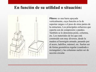 En función de su utilidad o situación:
Pilares: es una barra apoyada
verticalmente, cuya función es la de
soportar cargas o el peso de otras partes de
la estructura. Los principales esfuerzos que
soporta son de compresión y pandeo.
También se le denomina poste, columna,
etc. Los materiales de los que está
construido son muy diversos, desde la
madera al hormigón armado, pasando por
el acero, ladrillos, mármol, etc. Suelen ser
de forma geométrica regular (cuadrada o
rectangular) y las columnas suelen ser de
sección circular.
 