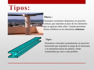 Pilares :
Elementos resistentes dispuestos en posición
vertical, que soportan el peso de los elementos
que se apoyan sobre ellos. Cuando presentan
forma cilíndrica se les denomina columnas.
Vigas :
Elementos colocados normalmente en posición
horizontal que soportan la carga de la estructura
y la transmiten hacia los pilares. Están
constituidas por uno o más perfiles.
 