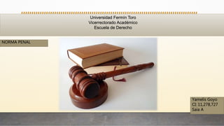 Universidad Fermín Toro
Vicerrectorado Académico
Escuela de Derecho
NORMA PENAL
Yamelis Goyo
CI: 11,278,727
Saia A
 