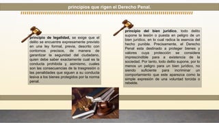 principio de legalidad, se exige que el
delito se encuentre expresamente previsto
en una ley formal, previa, descrito con
contornos precisos, de manera de
garantizar la seguridad del ciudadano,
quien debe saber exactamente cual es la
conducta prohibida y, asimismo, cuales
son las consecuencias de la trasgresión o
las penalidades que siguen a su conducta
lesiva a los bienes protegidos por la norma
penal.
principio del bien jurídico, todo delito
supone la lesión o puesta en peligro de un
bien jurídico, en lo cual radica la esencia del
hecho punible. Precisamente, el Derecho
Penal esta destinado a proteger bienes y
valores cuya protección se considera
imprescindible para a existencia de la
sociedad. Por tanto, todo delito supone, por lo
menos un peligro para un bien jurídico, no
siendo suficiente para incriminar un
comportamiento que este aparezca como la
simple expresión de una voluntad torcida o
rebelde.
principios que rigen el Derecho Penal.
 