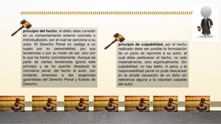 principio del hecho, el delito debe consistir
en un comportamiento externo concreto o
individualizado, por el cual se sanciona a su
autor. El Derecho Penal no castiga a un
sujeto por su personalidad, por sus
tendencias o por su modo de ser, sino por
lo que ha hecho concretamente. Aunque es
parte de ciertas tendencias ignora este
principio y se ha querido desplazar la
normativa penal, del hecho al autor, con
evidente amenaza a las exigencias
garantistas del Derecho Penal y Estado de
Derecho.
principio de culpabilidad, por el hecho
realizado debe ser posible la formulación
de un juicio de reproche a su autor, al
cual debe pertenecer el hecho, no solo
materialmente, sino espiritualmente. Sin
culpabilidad, no hay delito, ni pena, y la
responsabilidad penal no pude descansar
en la simple causación de un daño sin
referencia alguna a la voluntad culpable
del autor.
 