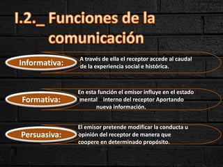 Informativa:
Formativa:
Persuasiva:
En esta función el emisor influye en el estado
mental interno del receptor Aportando
nueva información.
A través de ella el receptor accede al caudal
de la experiencia social e histórica.
El emisor pretende modificar la conducta u
opinión del receptor de manera que
coopere en determinado propósito.
 