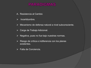 A. Resistencia al Cambio
 Incertidumbre.
 Mecanismo de defensa natural a nivel subconsciente.
 Carga de Trabajo Adicional.
 Negativa, pues no fue bajo nuestras normas.
 Riesgo de crítica e indiferencia con los planes
existentes.
 Falta de Conciencia.
 