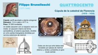 Filippo Brunelleschi
Cúpula de la catedral de Florencia
(1419 – 1434)
(1377-1446)
Cúpula: perfil apuntado y planta octogonal.
Diámetro: 114 m (alto) x 41'7 m.
Peso: 37.000 toneladas.
Un doble cascarón con un espacio vacío en
medio: el cascarón interno de forma
semiesférica, el externo apuntado, dividido
en ocho partes triangulares divididas por
nervios exteriores de mármol.
Cada uno de sus ocho lados está
revestido por placas de mármol
(blanco y verde) y presenta un gran
óculo central.
QUATTROCENTO
 
