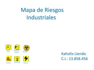 Ruido Partículas
polvos
Biológico
Incendio Iluminación Eléctrico
Mapa de Riesgos
Industriales
Kaholix Liendo
C.I.: 13.858.456
 