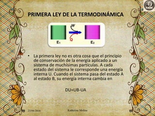 PRIMERA LEY DE LA TERMODINÁMICA
• La primera ley no es otra cosa que el principio
de conservación de la energía aplicado a un
sistema de muchísimas partículas. A cada
estado del sistema le corresponde una energía
interna U. Cuando el sistema pasa del estado A
al estado B, su energía interna cambia en
DU=UB-UA
23/06/2016 Katherine Molina 5
 