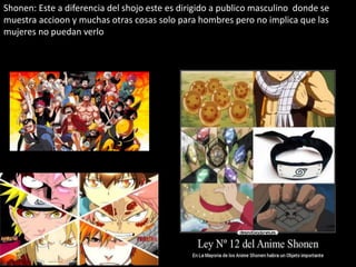 Shonen: Este a diferencia del shojo este es dirigido a publico masculino donde se
muestra accioon y muchas otras cosas solo para hombres pero no implica que las
mujeres no puedan verlo
 