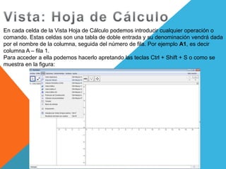 En cada celda de la Vista Hoja de Cálculo podemos introducir cualquier operación o
comando. Estas celdas son una tabla de doble entrada y su denominación vendrá dada
por el nombre de la columna, seguida del número de fila. Por ejemplo A1, es decir
columna A – fila 1.
Para acceder a ella podemos hacerlo apretando las teclas Ctrl + Shift + S o como se
muestra en la figura:
 