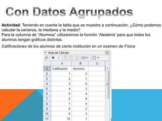 Actividad: Teniendo en cuenta la tabla que se muestra a continuación, ¿Cómo podemos
calcular la varianza, la mediana y la media?
Para la columna de “Alumnos” utilizaremos la función ‘Aleatorio’ para que todos los
alumnos tengan gráficos distintos.
Calificaciones de los alumnos de cierta institución en un examen de Física
 