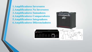 1.Amplificadores Inversores
2.Amplificadores No Inversores
3.Amplificadores Sumadores
4.Amplificadores Comparadores
5.Amplificadores Integradores
6.Amplificadores Diferenciadores
 
