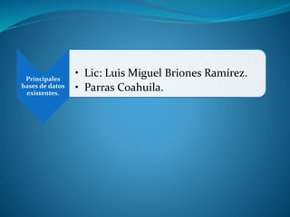 Principales
bases de datos
existentes.
• Lic: Luis Miguel Briones Ramírez.
• Parras Coahuila.
 