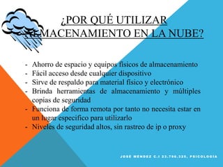 ¿POR QUÉ UTILIZAR
ALMACENAMIENTO EN LA NUBE?
- Ahorro de espacio y equipos físicos de almacenamiento
- Fácil acceso desde cualquier dispositivo
- Sirve de respaldo para material físico y electrónico
- Brinda herramientas de almacenamiento y múltiples
copias de seguridad
- Funciona de forma remota por tanto no necesita estar en
un lugar especifico para utilizarlo
- Niveles de seguridad altos, sin rastreo de ip o proxy
J O S É M É N D E Z C . I 2 3 . 7 9 6 . 3 2 5 , P S I C O L O G Í A
 