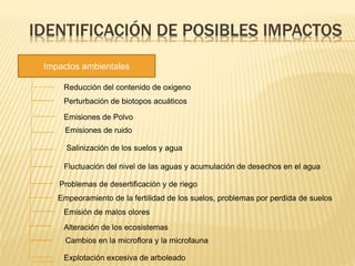 IDENTIFICACIÓN DE POSIBLES IMPACTOS
Impactos ambientales
Reducción del contenido de oxigeno
Emisiones de Polvo
Emisiones de ruido
Salinización de los suelos y agua
Fluctuación del nivel de las aguas y acumulación de desechos en el agua
Problemas de desertificación y de riego
Empeoramiento de la fertilidad de los suelos, problemas por perdida de suelos
Emisión de malos olores
Alteración de los ecosistemas
Cambios en la microflora y la microfauna
Perturbación de biotopos acuáticos
Explotación excesiva de arboleado
 