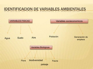 IDENTIFICACION DE VARIABLES AMBIENTALES
VARIABLES FISICAS
Agua Suelo Aire
Variables socieconomicos
Población Generación de
empleos
Variables Biológicas
Flora Faunabiodiversidad
paisaje
 