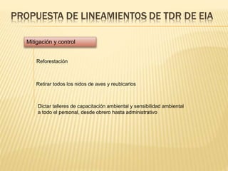 Mitigación y control
Retirar todos los nidos de aves y reubicarlos
Dictar talleres de capacitación ambiental y sensibilidad ambiental
a todo el personal, desde obrero hasta administrativo
Reforestación
 