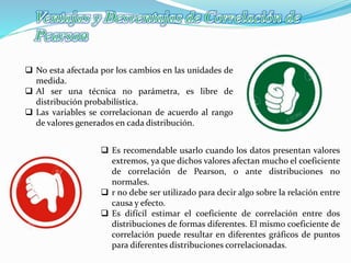  No esta afectada por los cambios en las unidades de
medida.
 Al ser una técnica no parámetra, es libre de
distribución probabilística.
 Las variables se correlacionan de acuerdo al rango
de valores generados en cada distribución.
 Es recomendable usarlo cuando los datos presentan valores
extremos, ya que dichos valores afectan mucho el coeficiente
de correlación de Pearson, o ante distribuciones no
normales.
 r no debe ser utilizado para decir algo sobre la relación entre
causa y efecto.
 Es difícil estimar el coeficiente de correlación entre dos
distribuciones de formas diferentes. El mismo coeficiente de
correlación puede resultar en diferentes gráficos de puntos
para diferentes distribuciones correlacionadas.
 