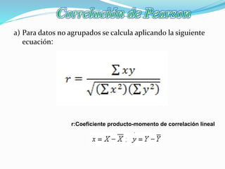 a) Para datos no agrupados se calcula aplicando la siguiente
ecuación:
r:Coeficiente producto-momento de correlación lineal
 