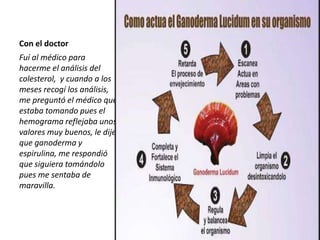 Con el doctor
Fuí al médico para
hacerme el análisis del
colesterol, y cuando a los
meses recogí los análisis,
me preguntó el médico qué
estaba tomando pues el
hemograma reflejaba unos
valores muy buenos, le dije
que ganoderma y
espirulina, me respondió
que siguiera tomándolo
pues me sentaba de
maravilla.
 