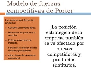 Modelo de fuerzas
competitivas de Porter
Los sistemas de información
ayudan a :
 Competir con costos bajos.
 Diferenciar los productos o
servicios.
 Enfoque en el nicho de
mercado.
 Fortalecer la relación con los
clientes y proveedores.
 Altos niveles de excelencia
operacional.
La posición
estratégica de la
empresa también
se ve afectada por
nuevos
competidores y
productos
sustitutos.
 
