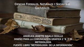 ANGÉLICA JANETTE SIGALA CEDILLO
DISEÑO PARA LA COMUNICACIÓN GRAFICA 1°B T/M
METODOLOGÍA
FUENTE: LIBRO "METODOLOGÍA DE LA INFORMACIÓN"
CIENCIAS FORMALES, NATURALES Y SOCIALES Ó
CULTURALES
 